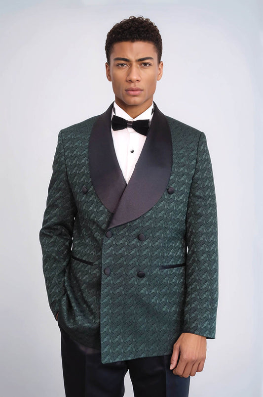 KOALA SYDNEY Satin Shawl Collar Patterned Double Breasted Dark Green Men Tuxedo Suit
