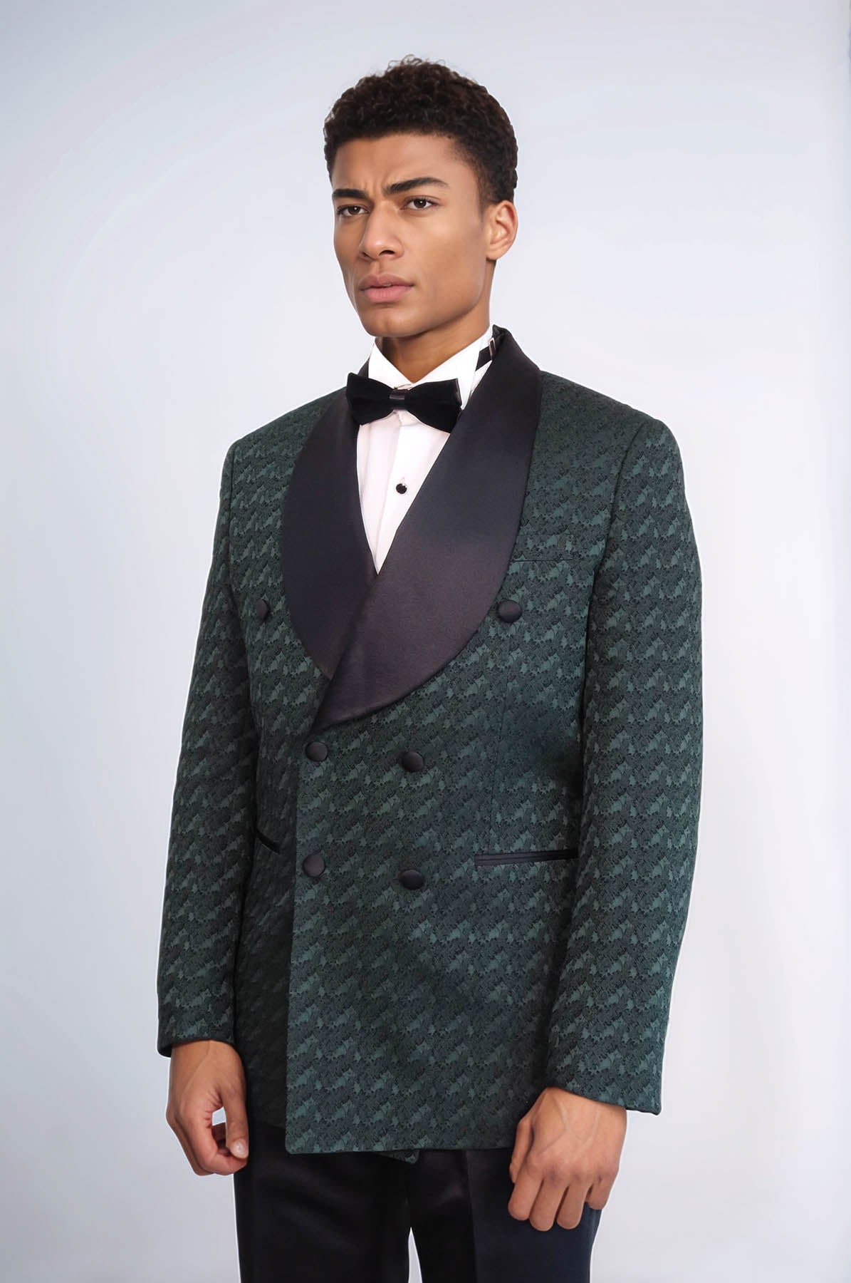 KOALA SYDNEY Satin Shawl Collar Patterned Double Breasted Dark Green Men Tuxedo Suit
