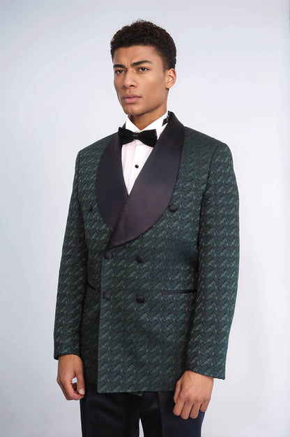 KOALA SYDNEY Satin Shawl Collar Patterned Double Breasted Dark Green Men Tuxedo Suit