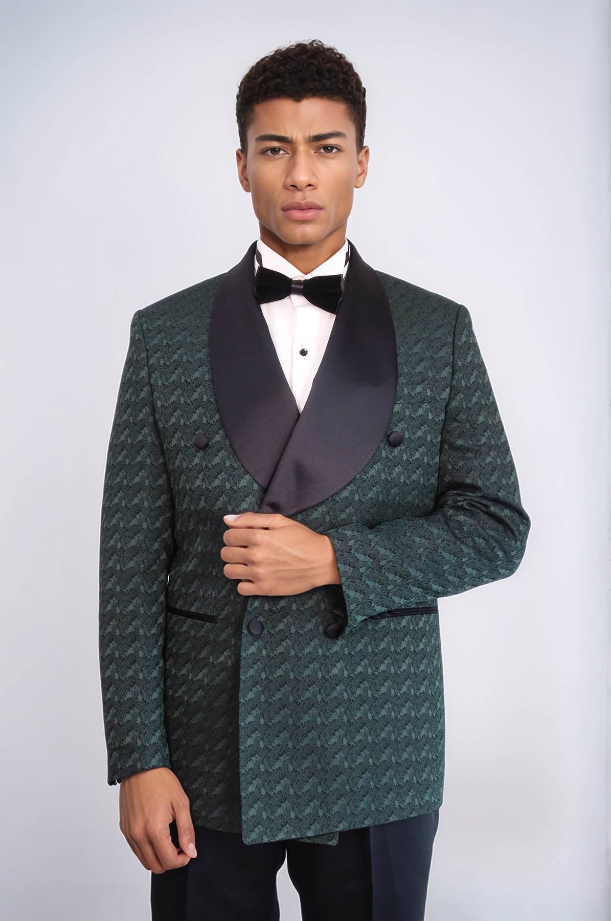 KOALA SYDNEY Satin Shawl Collar Patterned Double Breasted Dark Green Men Tuxedo Suit