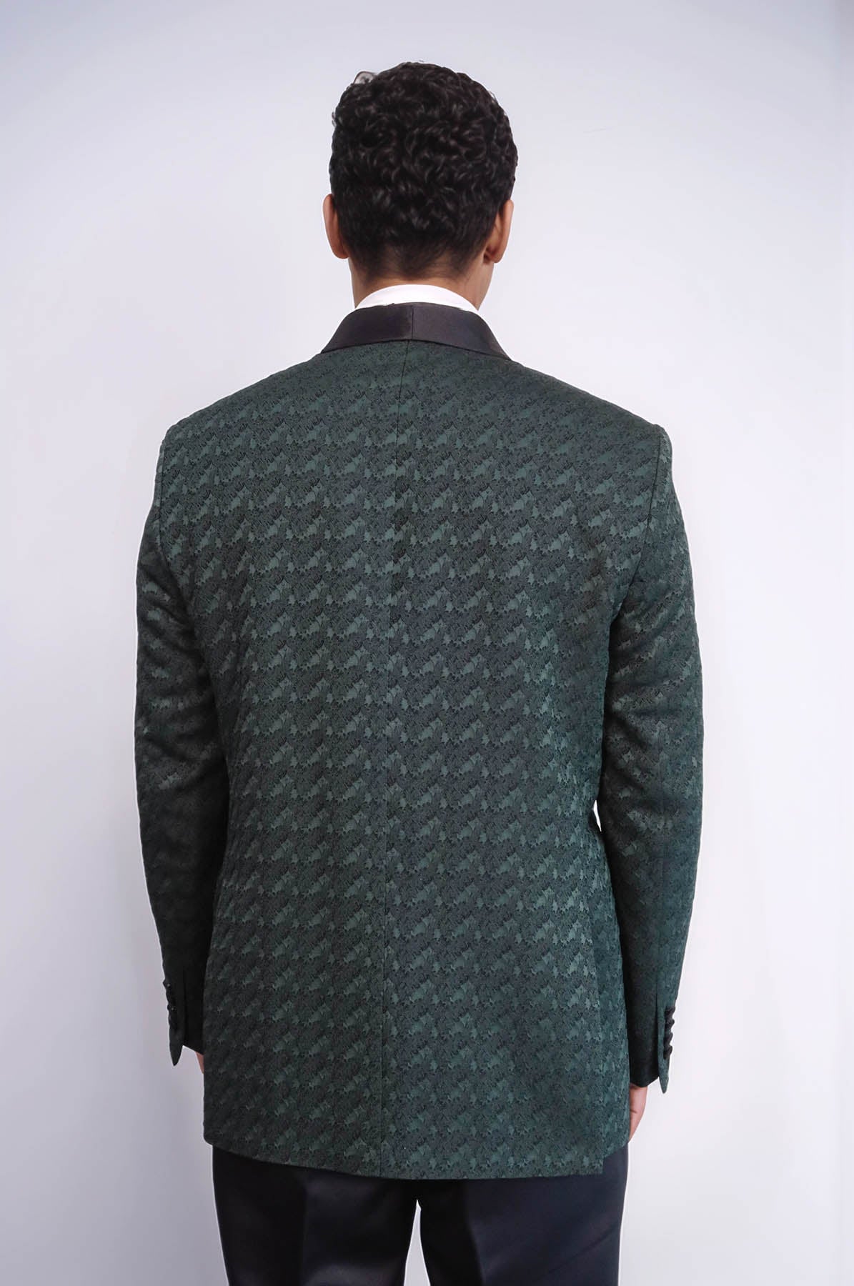 KOALA SYDNEY Satin Shawl Collar Patterned Double Breasted Dark Green Men Tuxedo Suit