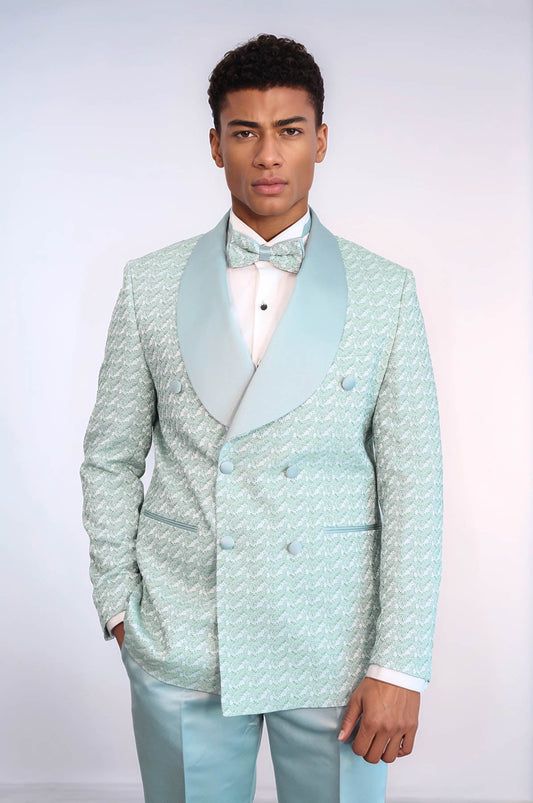 KOALA SYDNEY Satin Shawl Collar Patterned Double Breasted Sage Green Men Tuxedo Suit