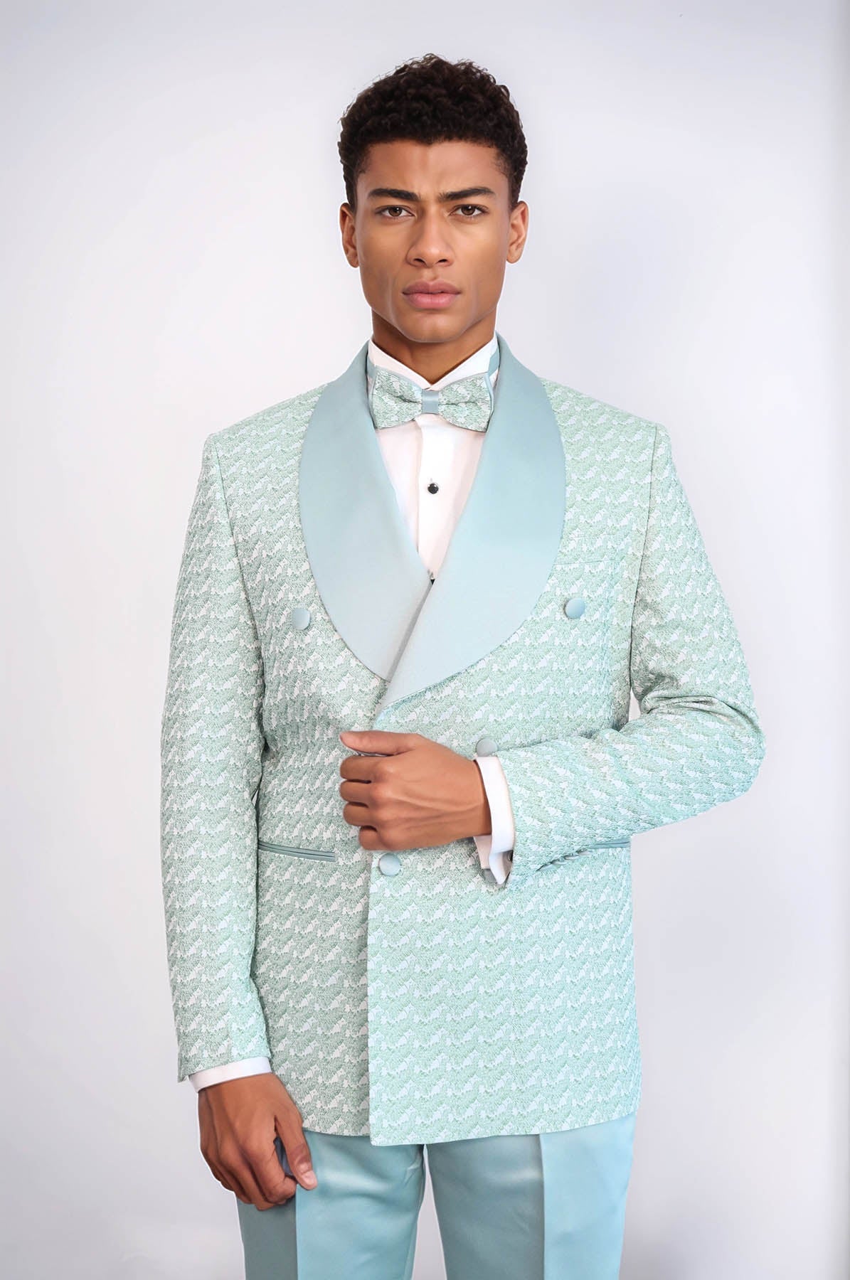 KOALA SYDNEY Satin Shawl Collar Patterned Double Breasted Sage Green Men Tuxedo Suit