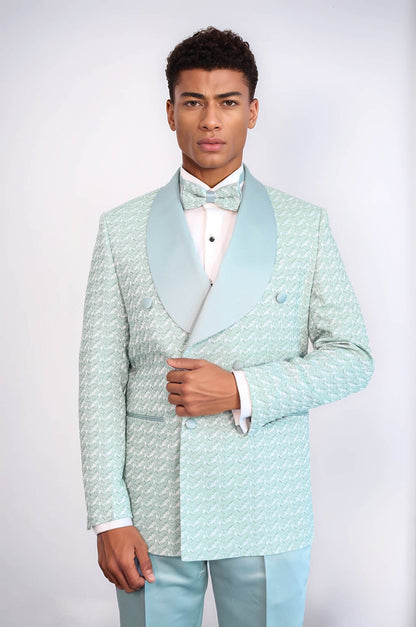 KOALA SYDNEY Satin Shawl Collar Patterned Double Breasted Sage Green Men Tuxedo Suit