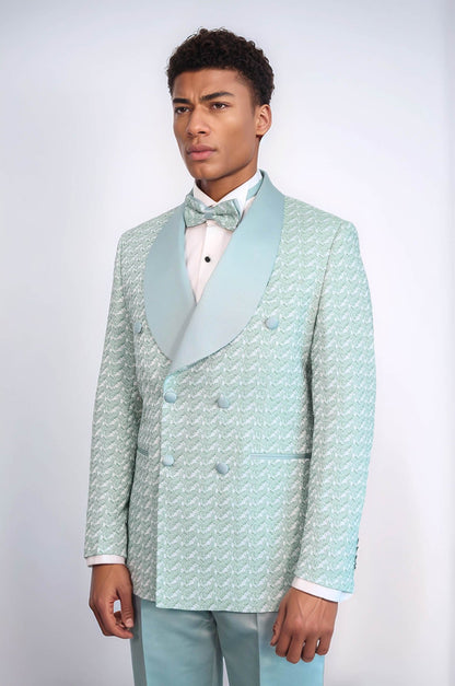 KOALA SYDNEY Satin Shawl Collar Patterned Double Breasted Sage Green Men Tuxedo Suit