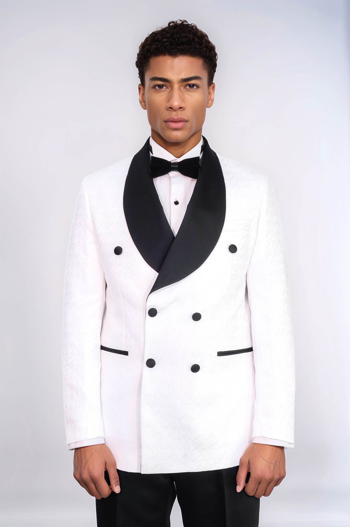 KOALA SYDNEY Satin Shawl Collar Patterned Double Breasted White Men Tuxedo Suit