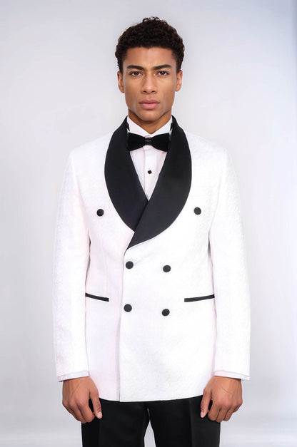 KOALA SYDNEY Satin Shawl Collar Patterned Double Breasted White Men Tuxedo Suit