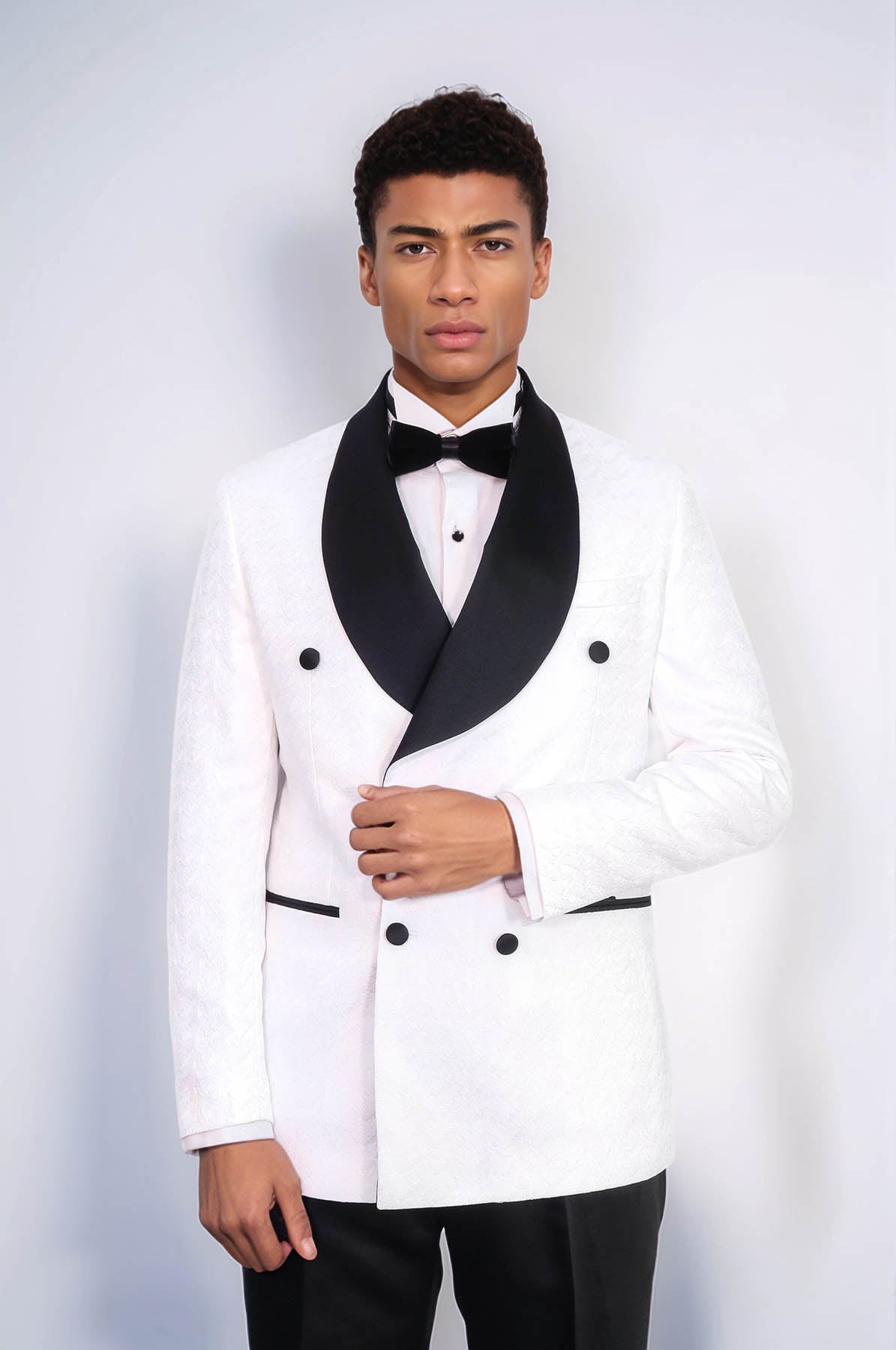 KOALA SYDNEY Satin Shawl Collar Patterned Double Breasted White Men Tuxedo Suit