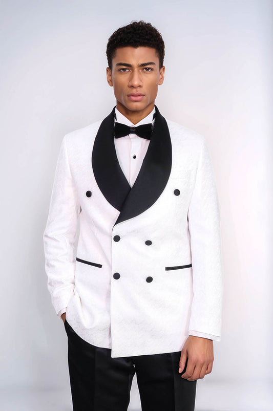 KOALA SYDNEY Satin Shawl Collar Patterned Double Breasted White Men Tuxedo Suit