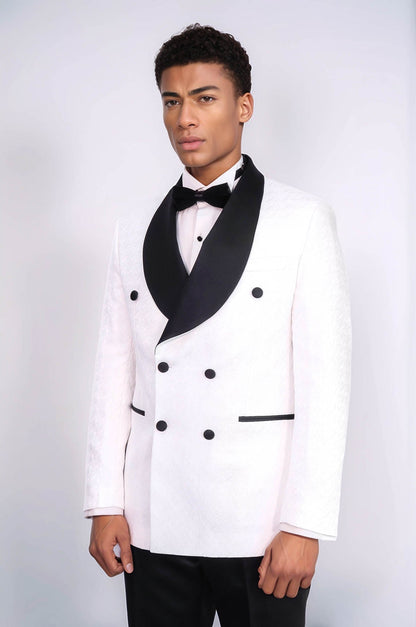 KOALA SYDNEY Satin Shawl Collar Patterned Double Breasted White Men Tuxedo Suit
