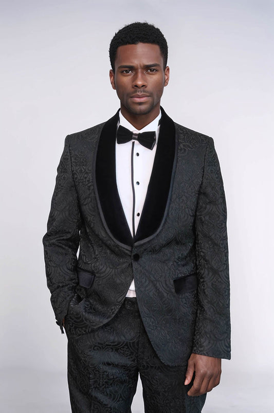 KOALA SYDNEY  2 Piece Damask Patterned Velvet Shawl Collar Black Men's Tuxedo Suit -