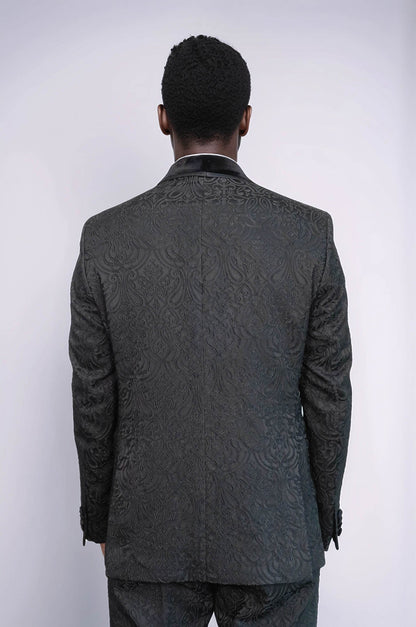 KOALA SYDNEY  2 Piece Damask Patterned Velvet Shawl Collar Black Men's Tuxedo Suit