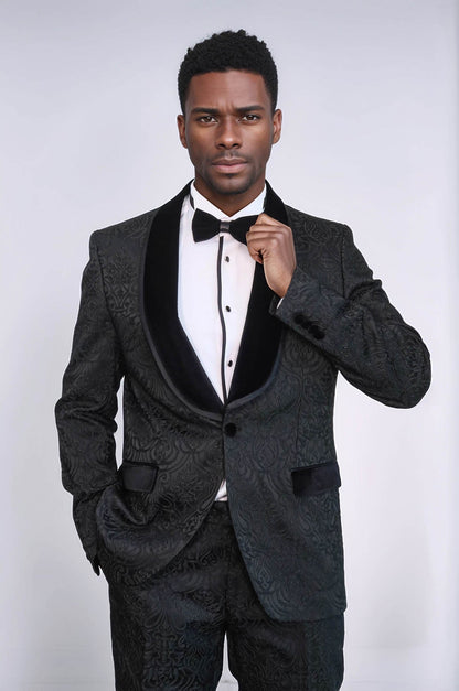 KOALA SYDNEY  2 Piece Damask Patterned Velvet Shawl Collar Black Men's Tuxedo Suit -