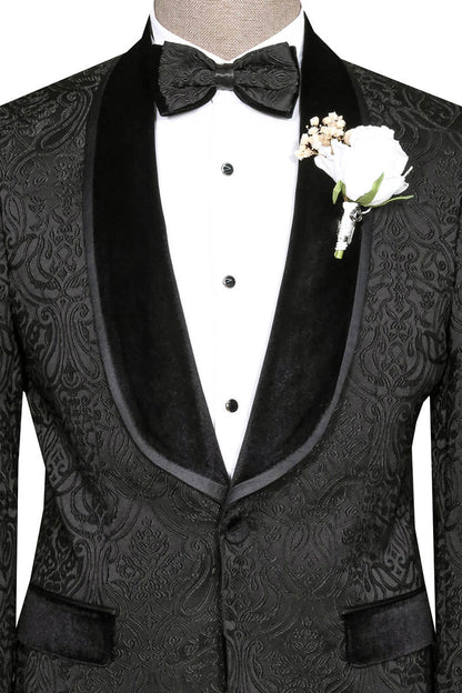 KOALA SYDNEY  Black Tuxedo with Velvet Lapel Detail, Patterned Waistcoat, and White Shirt Look - Wedding Style