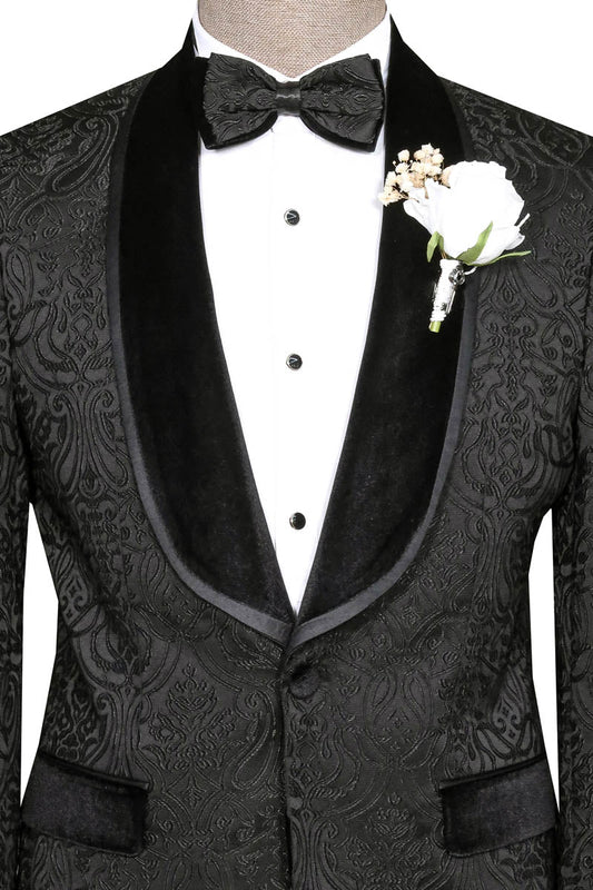 Black Tuxedo with Velvet Lapel Detail, Patterned Waistcoat, and White Shirt Look - Wessi Wedding Style