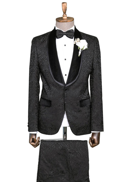 KOALA SYDNEY  Black Tuxedo with Velvet Lapel Detail, Patterned Waistcoat, and White Shirt Look - Wedding Style
