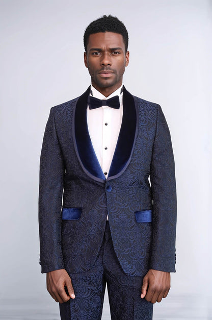 KOALA SYDNEY  2 Piece Damask Patterned Velvet Shawl Collar Royal Blue Men's Tuxedo Suit