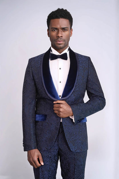 KOALA SYDNEY  2 Piece Damask Patterned Velvet Shawl Collar Royal Blue Men's Tuxedo Suit -