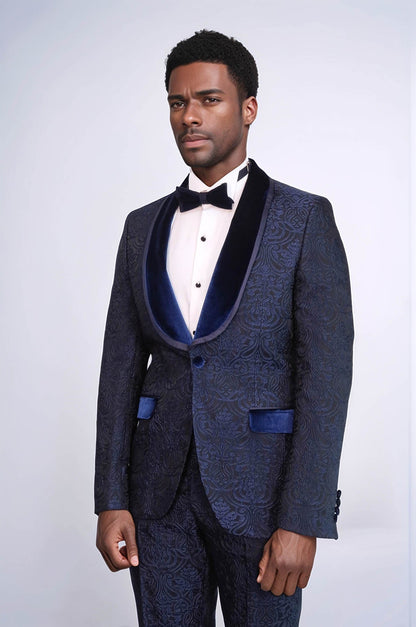 KOALA SYDNEY  2 Piece Damask Patterned Velvet Shawl Collar Royal Blue Men's Tuxedo Suit