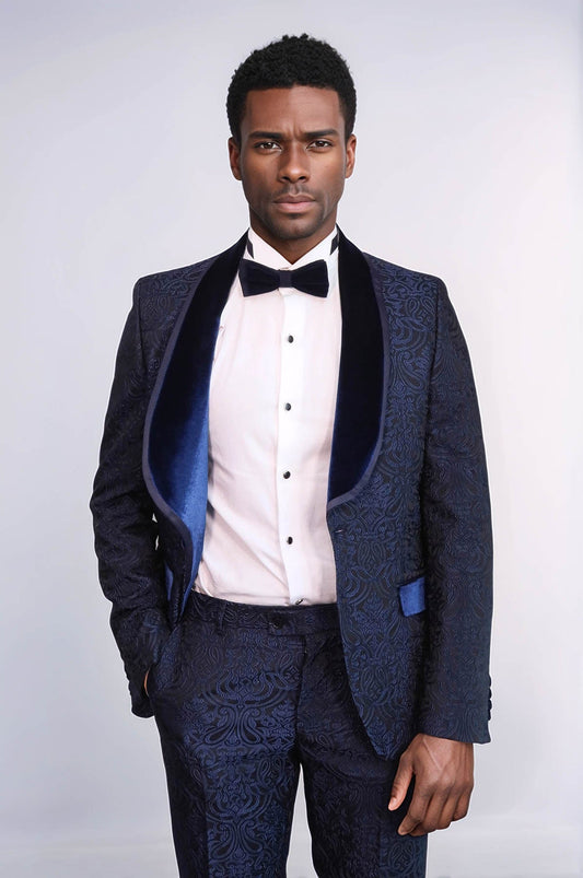 KOALA SYDNEY  2 Piece Damask Patterned Velvet Shawl Collar Royal Blue Men's Tuxedo Suit -