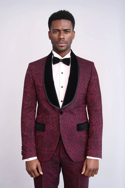 KOALA SYDNEY  2 Piece Damask Patterned Velvet Shawl Collar Burgundy Men's Tuxedo Suit