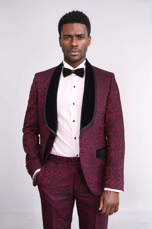 KOALA SYDNEY  2 Piece Damask Patterned Velvet Shawl Collar Burgundy Men's Tuxedo Suit -