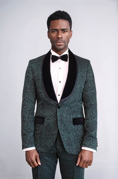 KOALA SYDNEY  2 Piece Damask Patterned Velvet Shawl Collar Emerald Green Men's Tuxedo Suit -