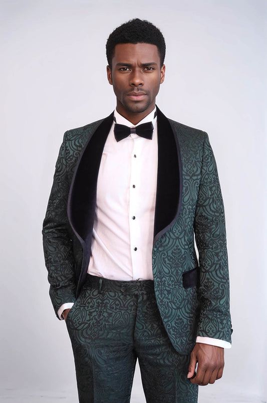KOALA SYDNEY  2 Piece Damask Patterned Velvet Shawl Collar Emerald Green Men's Tuxedo Suit -
