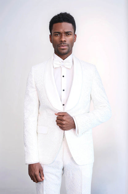 KOALA SYDNEY  2 Piece Damask Patterned Velvet Shawl Collar White Men's Tuxedo Suit -