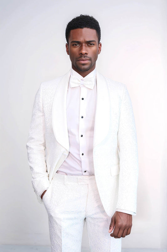 KOALA SYDNEY  2 Piece Damask Patterned Velvet Shawl Collar White Men's Tuxedo Suit -