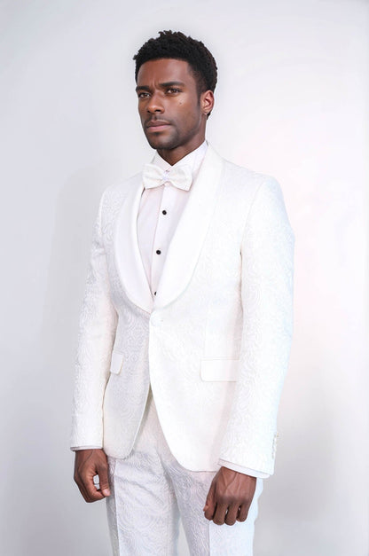 KOALA SYDNEY  2 Piece Damask Patterned Velvet Shawl Collar White Men's Tuxedo Suit -