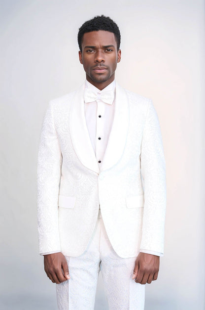 KOALA SYDNEY  2 Piece Damask Patterned Velvet Shawl Collar White Men's Tuxedo Suit -