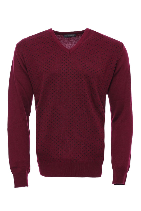 Dot Patterned V Neck Burgundy Sweater