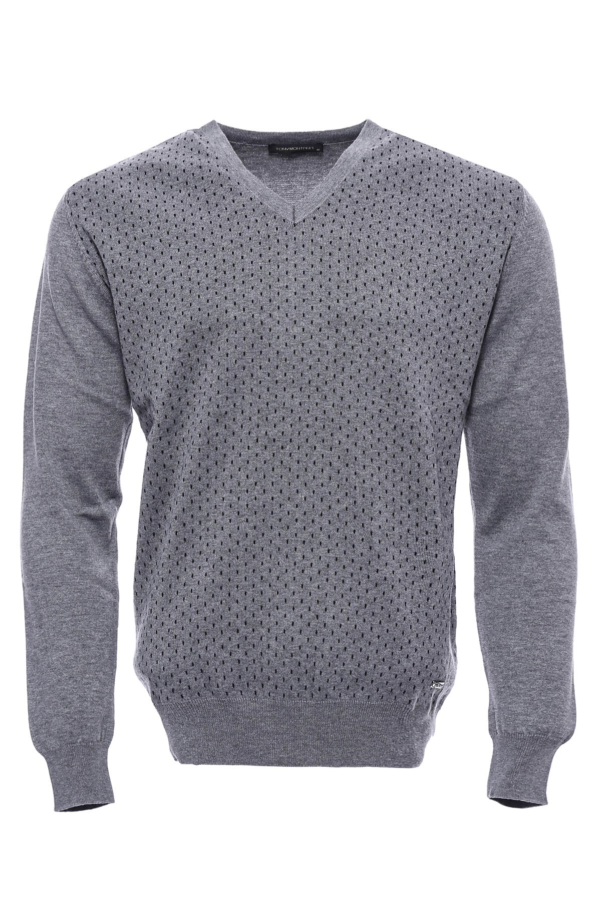 Dot Patterned V Neck Grey Sweater