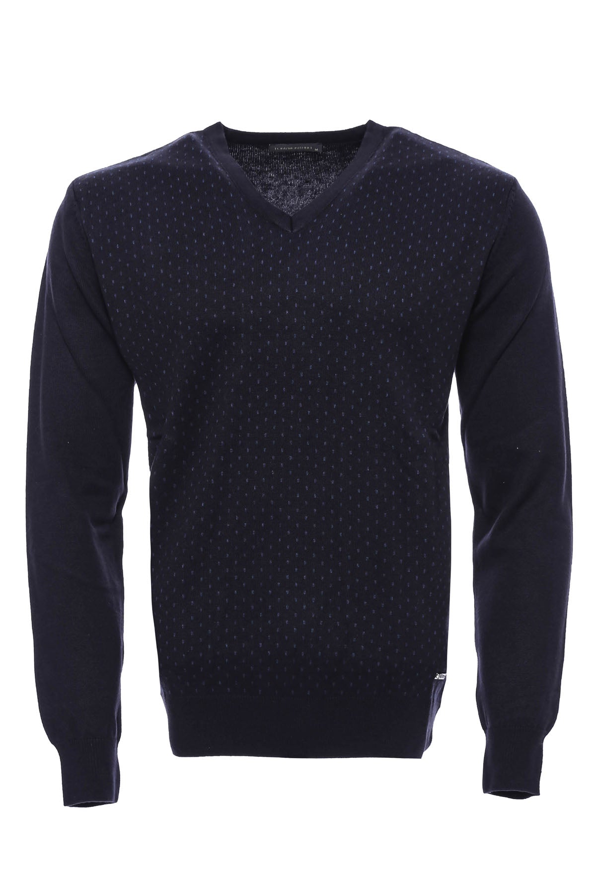 Dot Patterned V Neck Navy Blue Sweater
