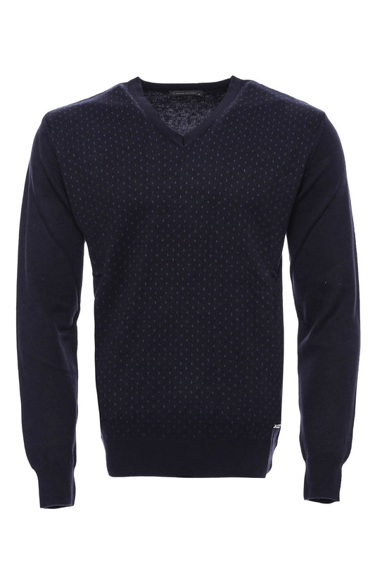 Dot Patterned V Neck Navy Blue Sweater