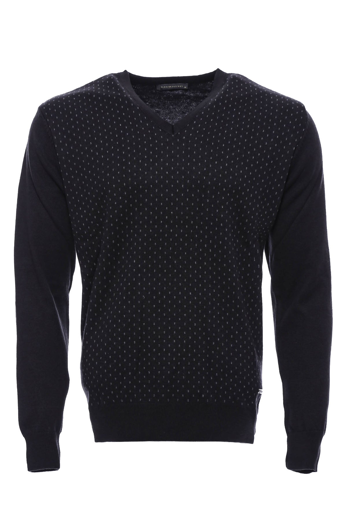 Dot Patterned V Neck Black Sweater