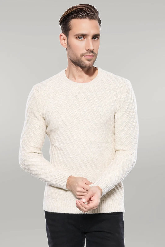 Patterned Circle Neck Cream Sweater