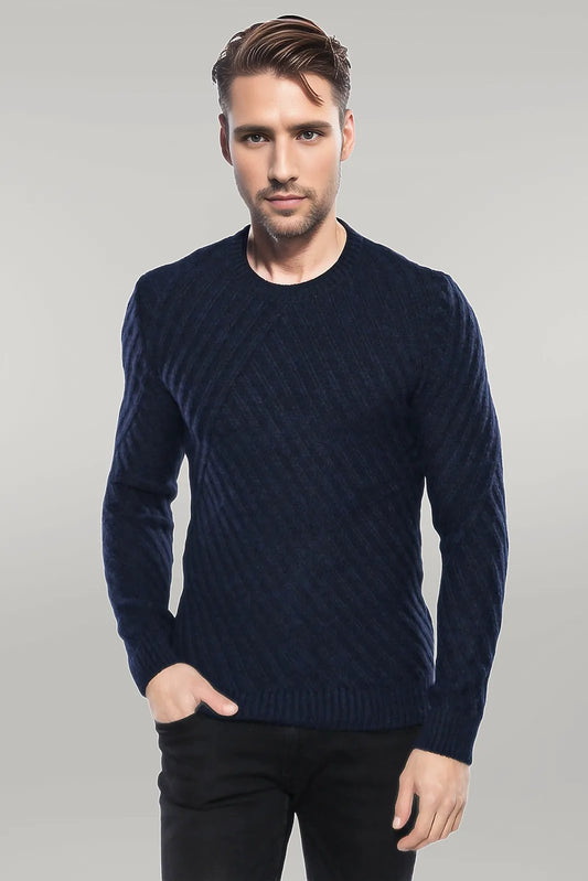 Patterned Circle Neck Navy Sweater