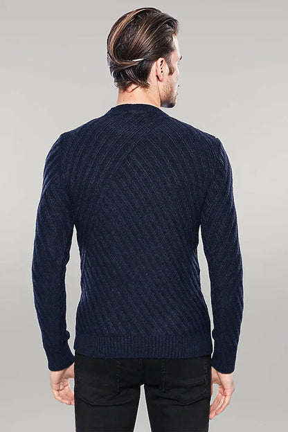 Patterned Circle Neck Navy Sweater