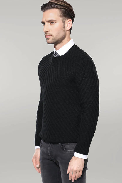 Patterned Circle Neck Black Sweater - Wessi