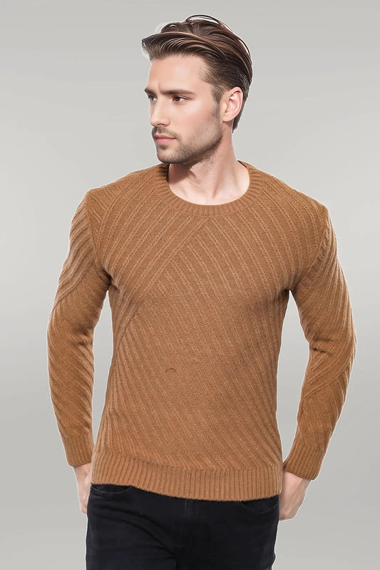 Patterned Circle Neck Tawny Sweater