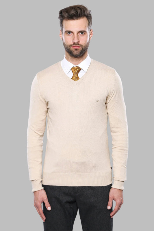 Slim Fit V Neck Long Sleeve Beige Men Knitwear
