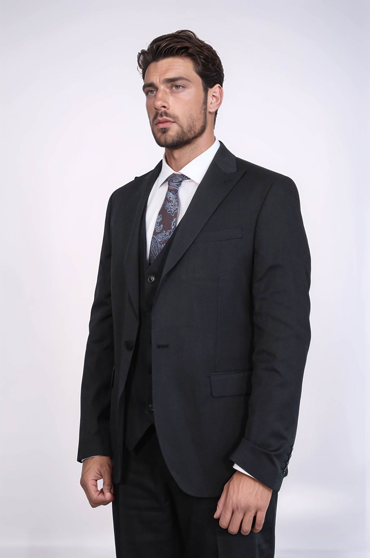 KOALA SYDNEY 3 -Piece Single Button Peak Lapel Black Men Suit
