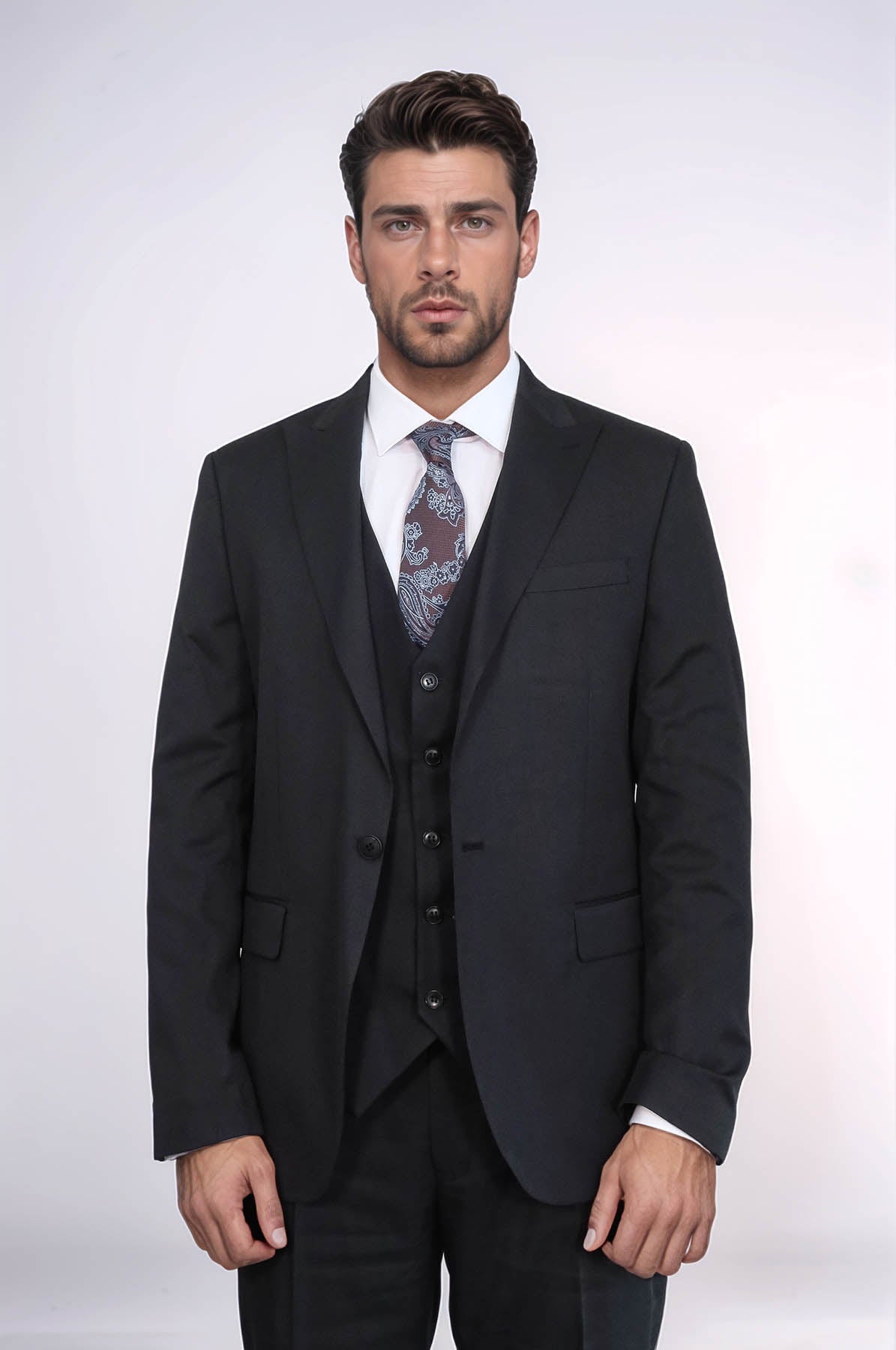 KOALA SYDNEY 3 -Piece Single Button Peak Lapel Black Men Suit