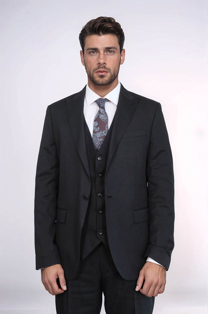 KOALA SYDNEY 3 -Piece Single Button Peak Lapel Black Men Suit