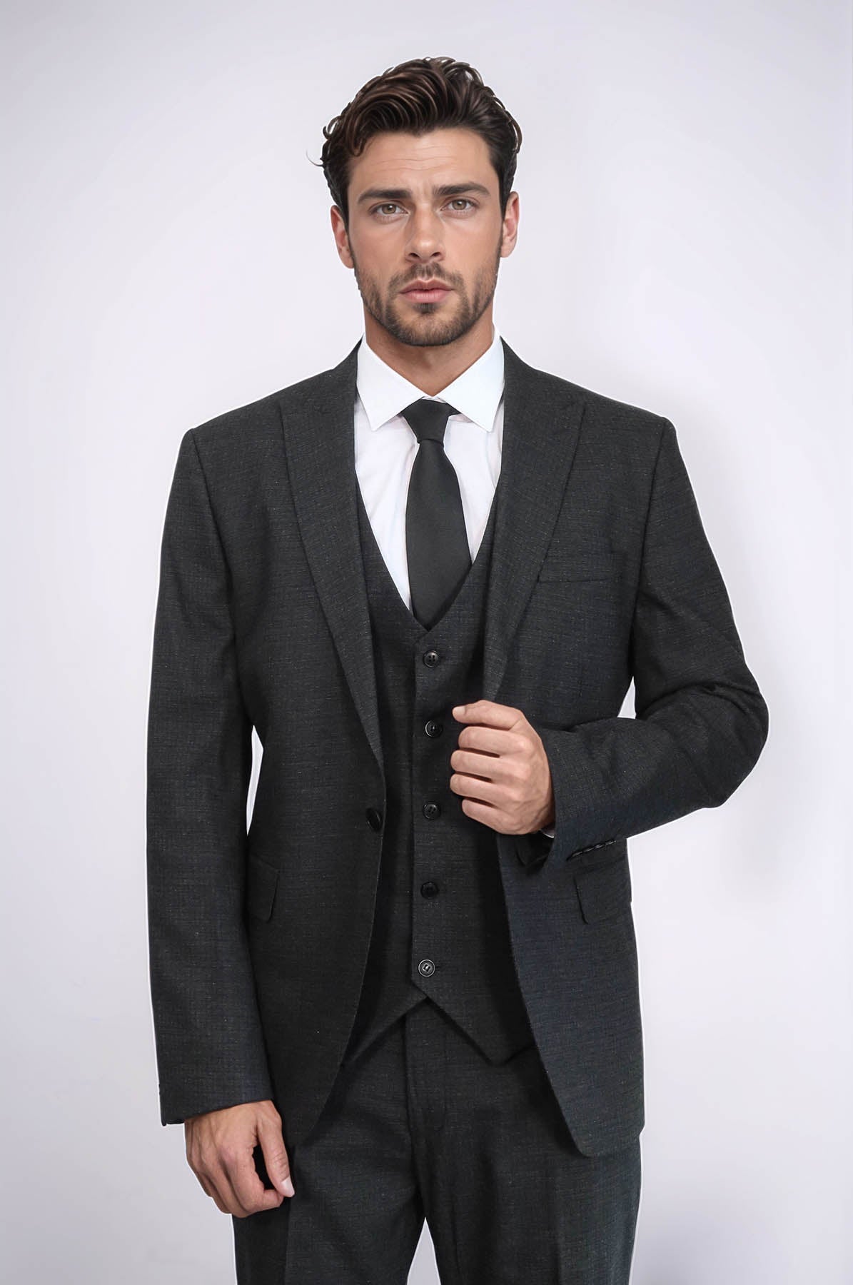 KOALA SYDNEY 3 -Piece Single Button Peak Lapel Dark Grey Men Suit