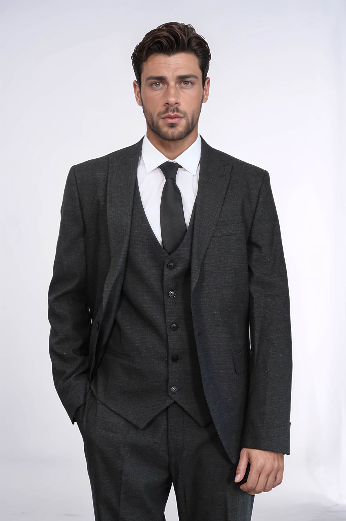 KOALA SYDNEY 3 -Piece Single Button Peak Lapel Dark Grey Men Suit