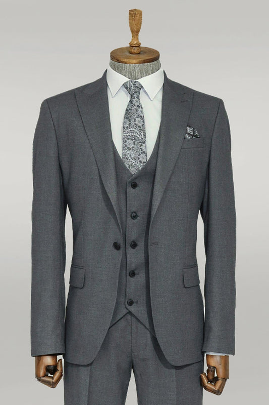 KOALA SYDNEY  3 -Piece Single Button Peak Lapel Grey Men Suit -