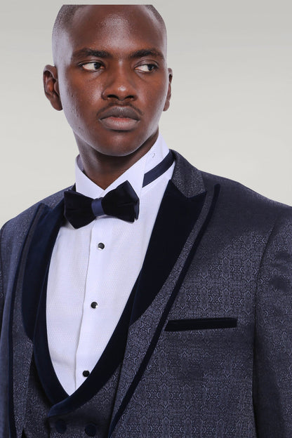 KOALA SYDNEY  Velvet Lapel Patterned Navy Blue Tuxedo -